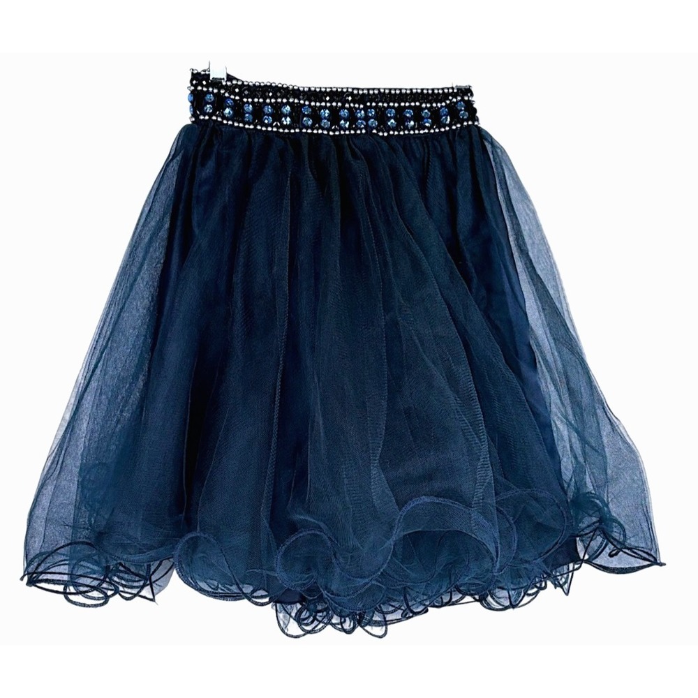 Navy Blue Tulle Mini Skirt Sz XS Hand Beaded Jeweled Waist Prom Glam Party
